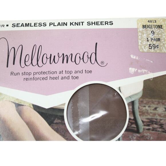 Vintage Nylon Stockings Original Package Mellowmood 1 Pair Beige Sz 9 - Hey Viv - Picture 3 of 4